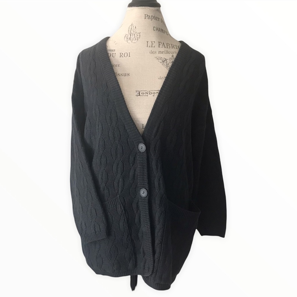 VINTAGE Plus Size Charcoal Grey Cable Knit Cardigan with Side Large Pockets